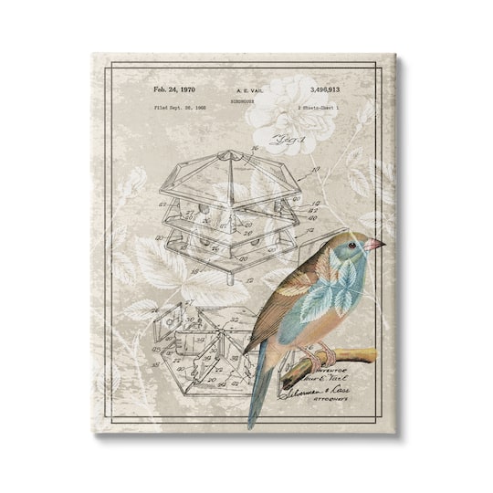 Stupell Industries Vintage Bird House Patent Design Figure Eastern Bluebird Canvas Wall Art
